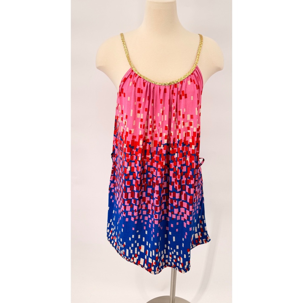 Seven Islands Tunic Top Womens 3X Pink Blue Geometric Gold Chain Trim Boho